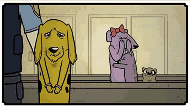 a cartoon of a dog in handcuffs next to a purple dog