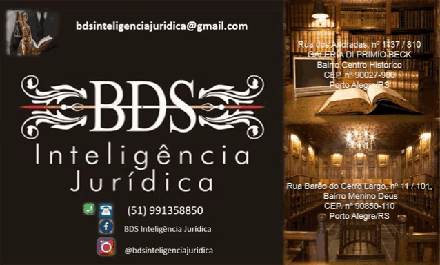 a business card for bds inteligencia juridica shows a library