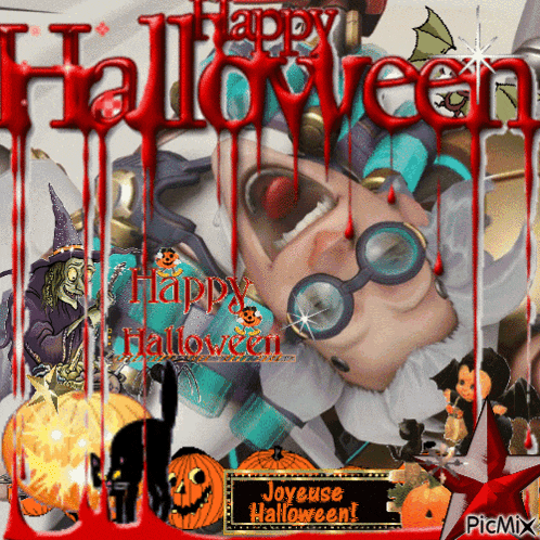 a happy halloween greeting card with a witch and a jester
