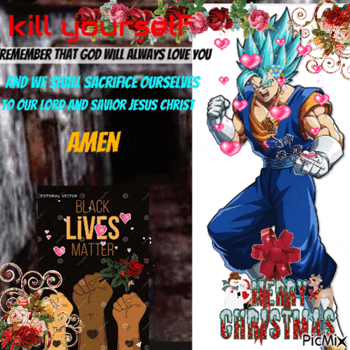 a poster that says kill yourself remember that god will always love you and we should sacrifice ourselves to our lord and savior jesus christ