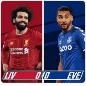 two soccer players are standing next to each other with a scoreboard that says liv 0-0 eve