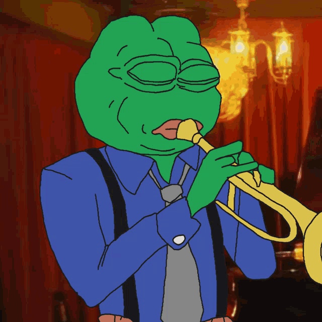 a green frog playing a trumpet in a blue shirt and suspenders