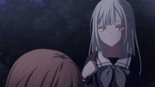 a girl with long white hair is standing next to a girl with brown hair