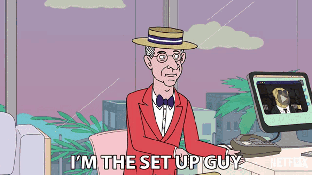 a cartoon of a man sitting at a desk with the words " i 'm the set up guy " below him