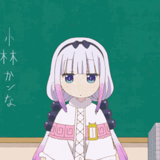 a girl with purple hair is standing in front of a chalkboard with chinese writing on it