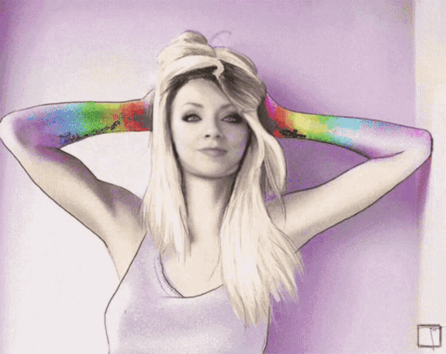 a drawing of a woman with rainbow colored arms