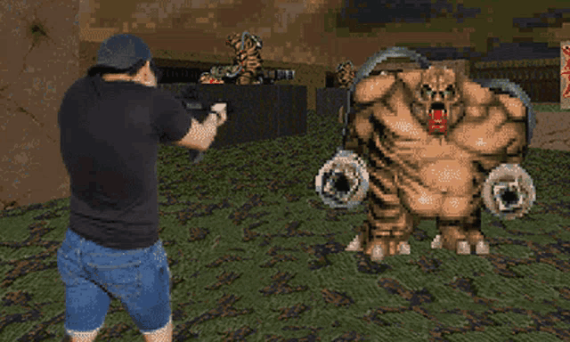 a man is playing a video game with a monster
