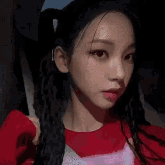 a close up of a woman with pigtails wearing a red shirt and a pink tank top .