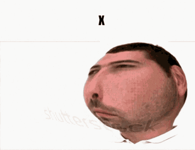 a man with a beard is yawning with the letter x in the background .