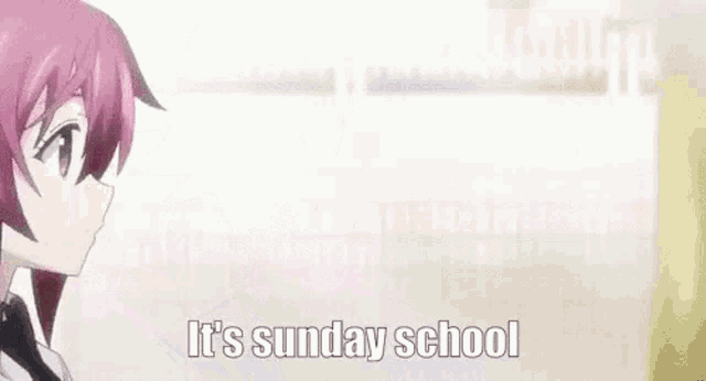 a pink haired anime girl is standing in front of a bookshelf and says `` it 's sunday school '' .