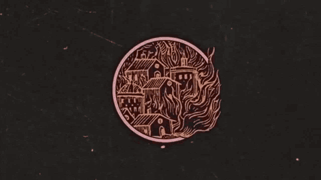 a drawing of a burning house in a circle
