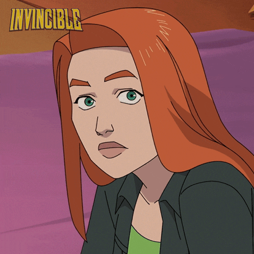 a cartoon of a woman with red hair and the word invincible above her