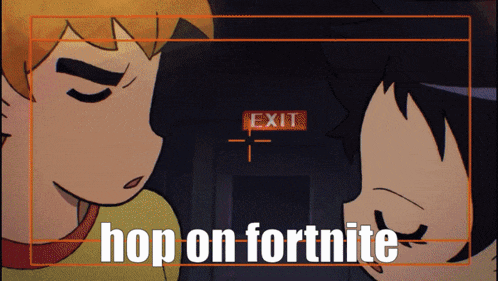 a picture of two cartoon characters with the words hop on fortnite in the corner