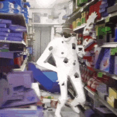 a painting of a mannequin in a grocery store with a few shelves of cleaning supplies