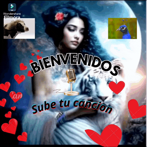 a woman is sitting in front of a microphone with the words bienvenidos written above her