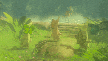 a video game scene with a triangle on the bottom left