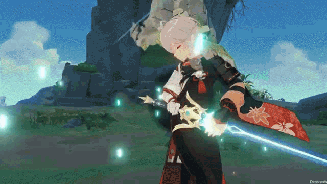 a video game character is holding a sword in his hand