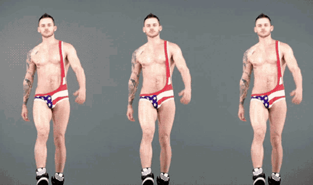 a man in a red white and blue swim suit is standing in a row