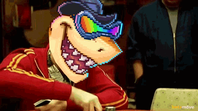 a pixel art of a man wearing sunglasses and a red jacket with the word move on the bottom
