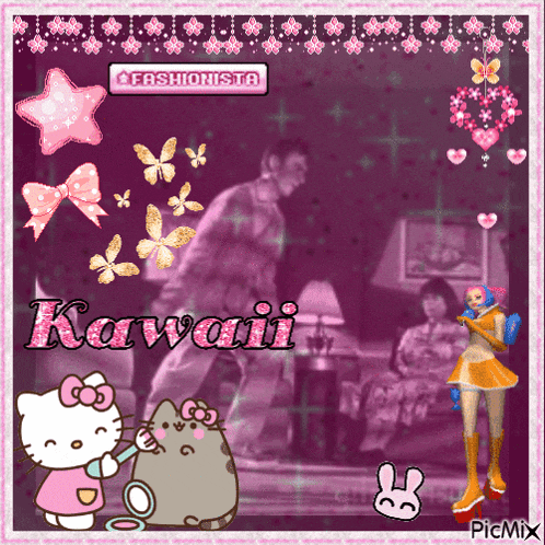 a picture of a woman sitting on a couch with the word kawaii on the bottom