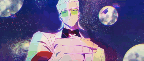 a man in a tuxedo and sunglasses is holding something in his hand in front of a galaxy .