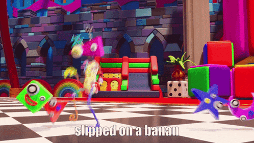 a colorful video game scene with the words slipped on a banana