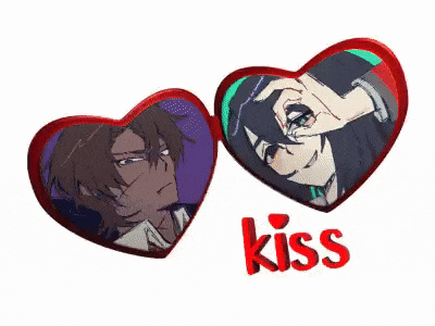 two hearts with a picture of a man and a woman and the word kiss on the bottom