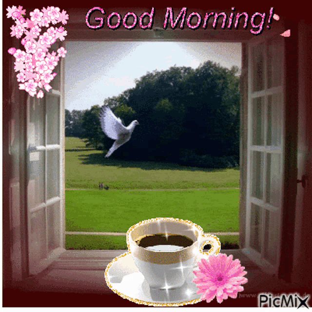 a picture of an open window with a cup of coffee and a bird flying over a field