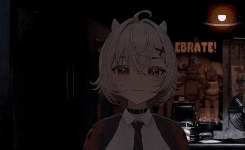 a girl in a suit and tie is standing in a dark room .