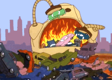 a cartoon shows a bunch of cars being burned in a fireplace