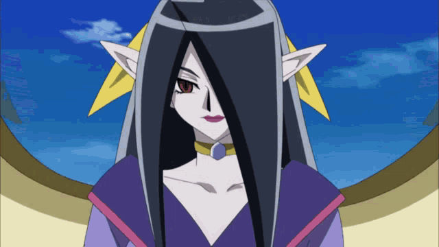 a cartoon character with long black hair and yellow ears has red eyes