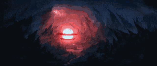 a painting of a mountain with a red light coming out of the middle