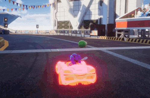 a cartoon character is driving a car on a street