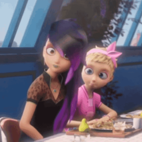 two cartoon characters are sitting at a table with food .