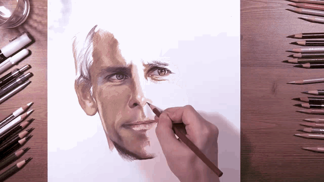 a drawing of a man 's face with colored pencils and markers including one that says prismacolor