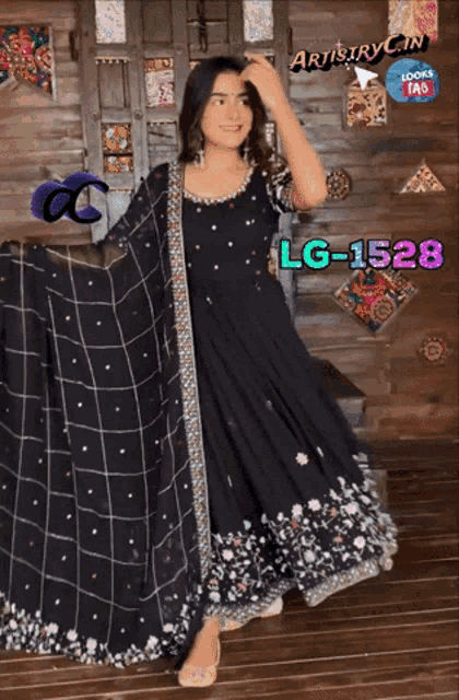 a woman in a black dress with lg-1528 written on the bottom