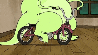 a cartoon dinosaur is riding a red bicycle on a wooden floor .