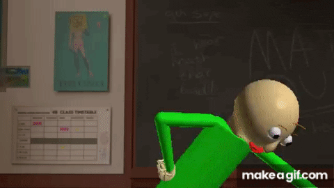 a green cartoon character is standing in front of a blackboard and holding a green box .