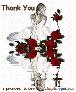a woman in a white dress with red roses says thank you