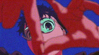 a pixelated drawing of a girl with pink hair and red eyes