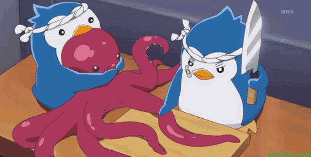 a penguin is holding a knife while another penguin holds an octopus on a cutting board