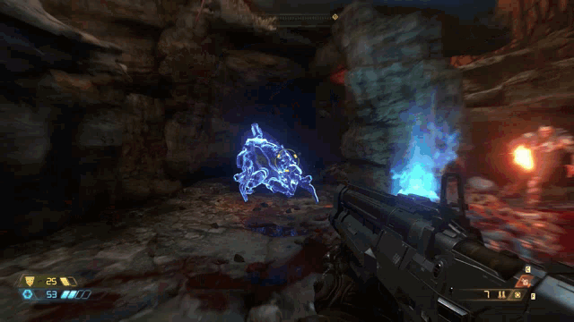 a video game shows a person holding a gun with the number 53 on the bottom right