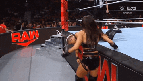 two women are wrestling in a wrestling ring with a raw banner in the background