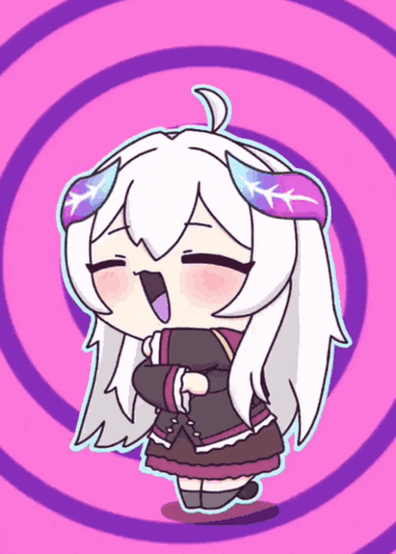 a cartoon drawing of a girl with white hair and a purple circle in the background