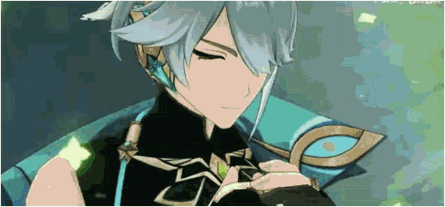 a close up of a person 's face in a video game with a blue haired character .