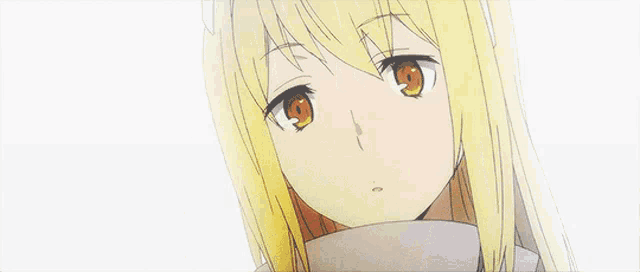 a close up of a blonde anime girl with brown eyes and long hair .
