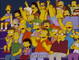 a crowd of cartoon characters cheering with the word cheering on the bottom right