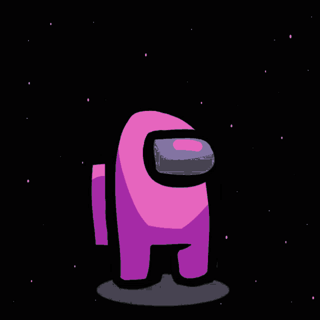 a pink among us character stands in a dark space