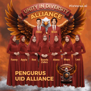 a group of people standing in front of an eagle with unity in diversity alliance written on it