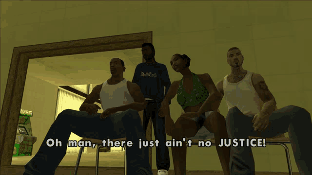 a group of people sitting in chairs with the words oh man there just ain 't no justice on the screen